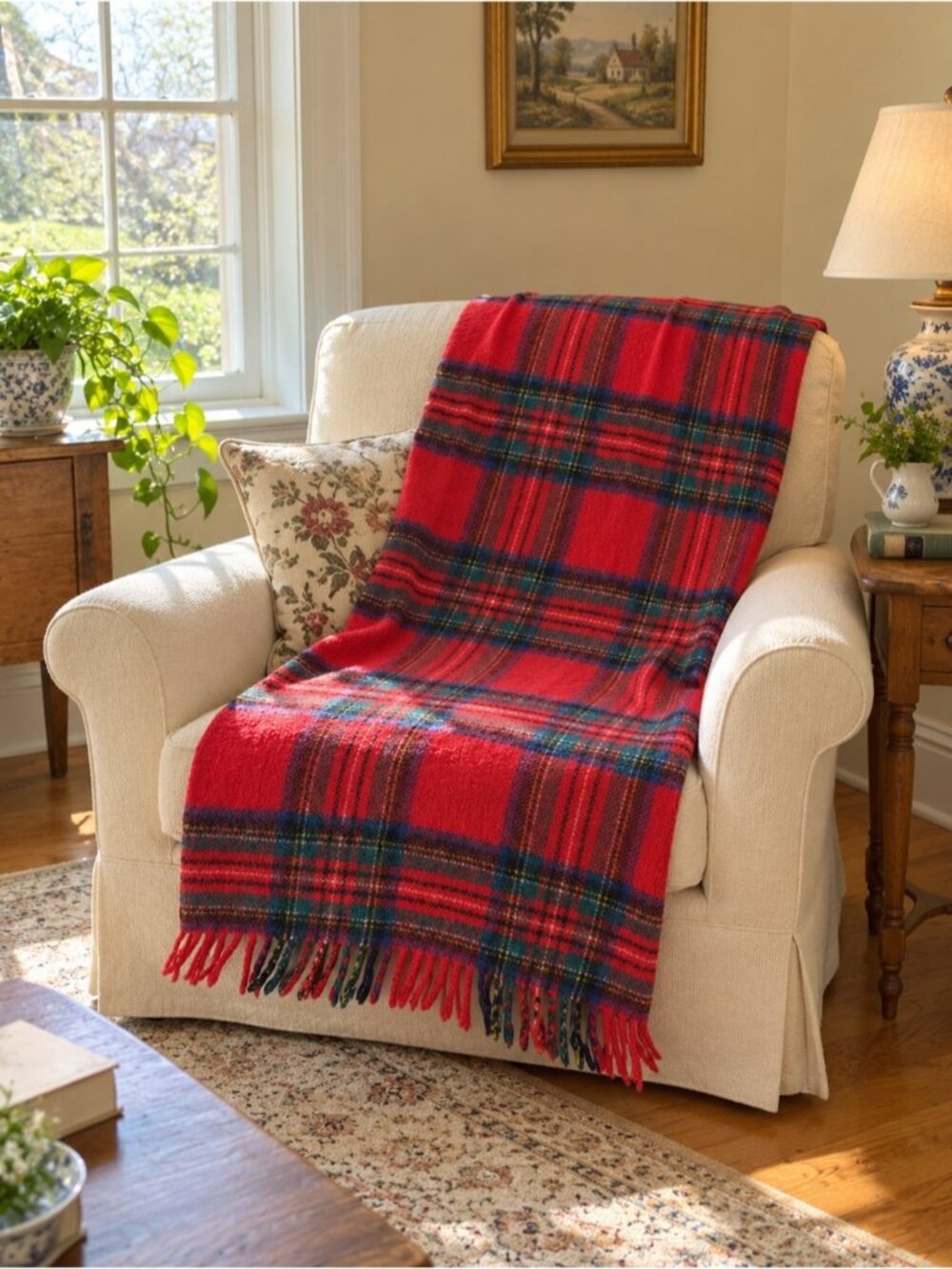 Vintage Red Tartan Plaid Throw Blanket Fringe Wool Rustic Cabin Christmas Decor